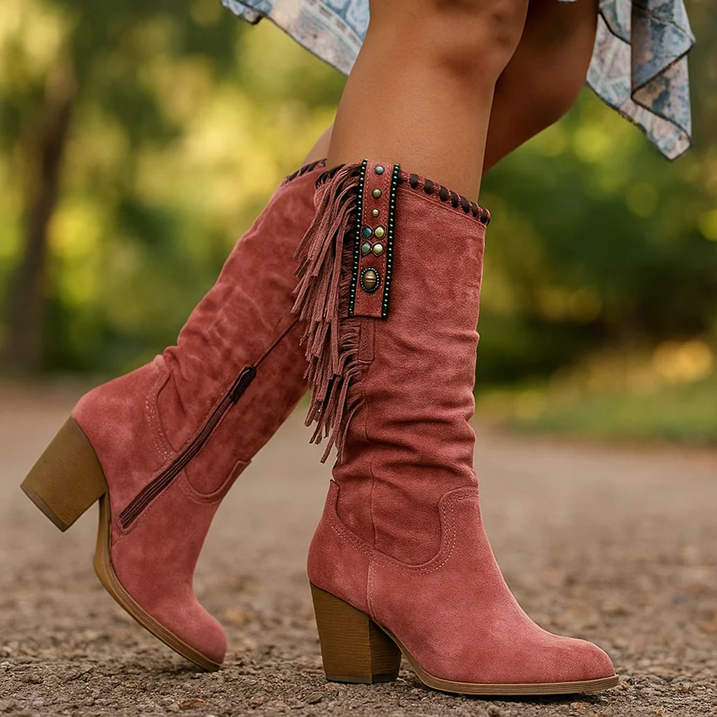 Bottes Hautes Femme en Suédine à Franges
