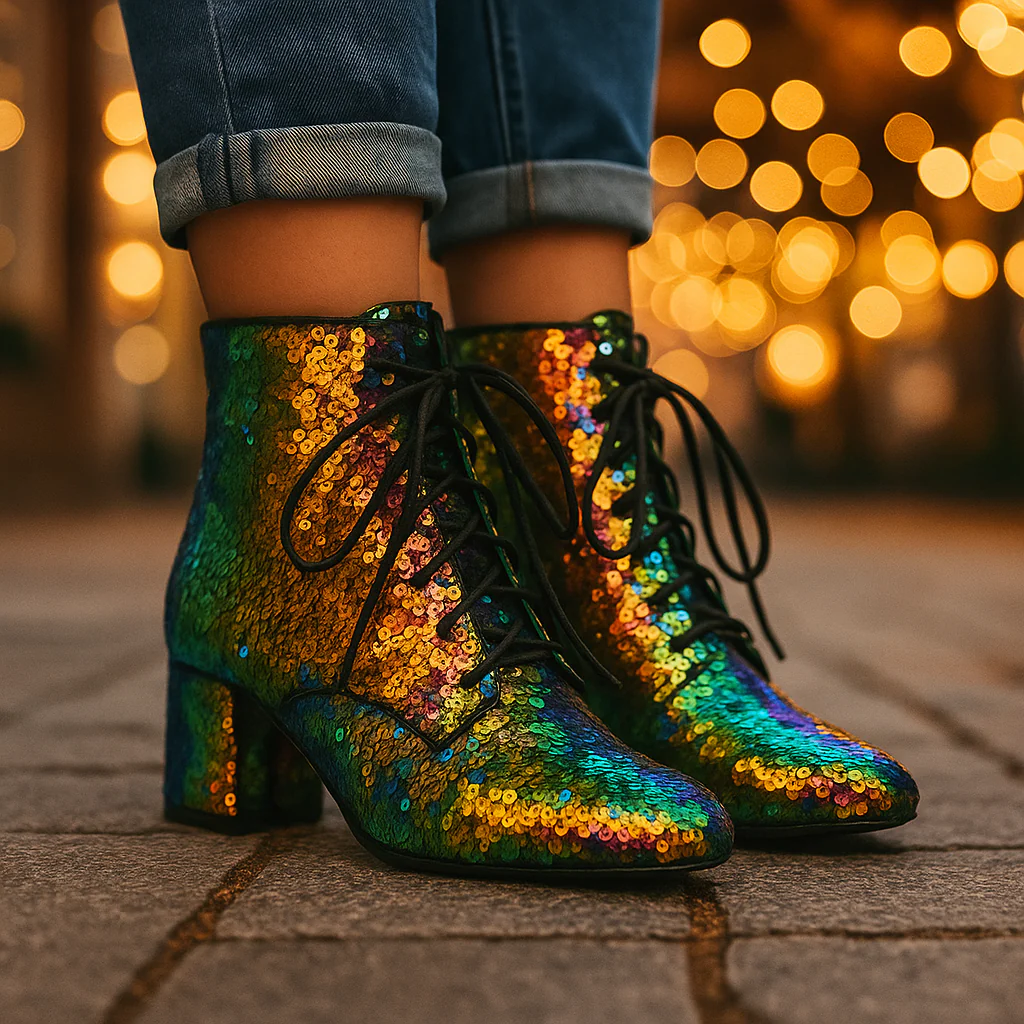 Bottines à Paillettes avec Lacets et Talon Bloc - Image 3