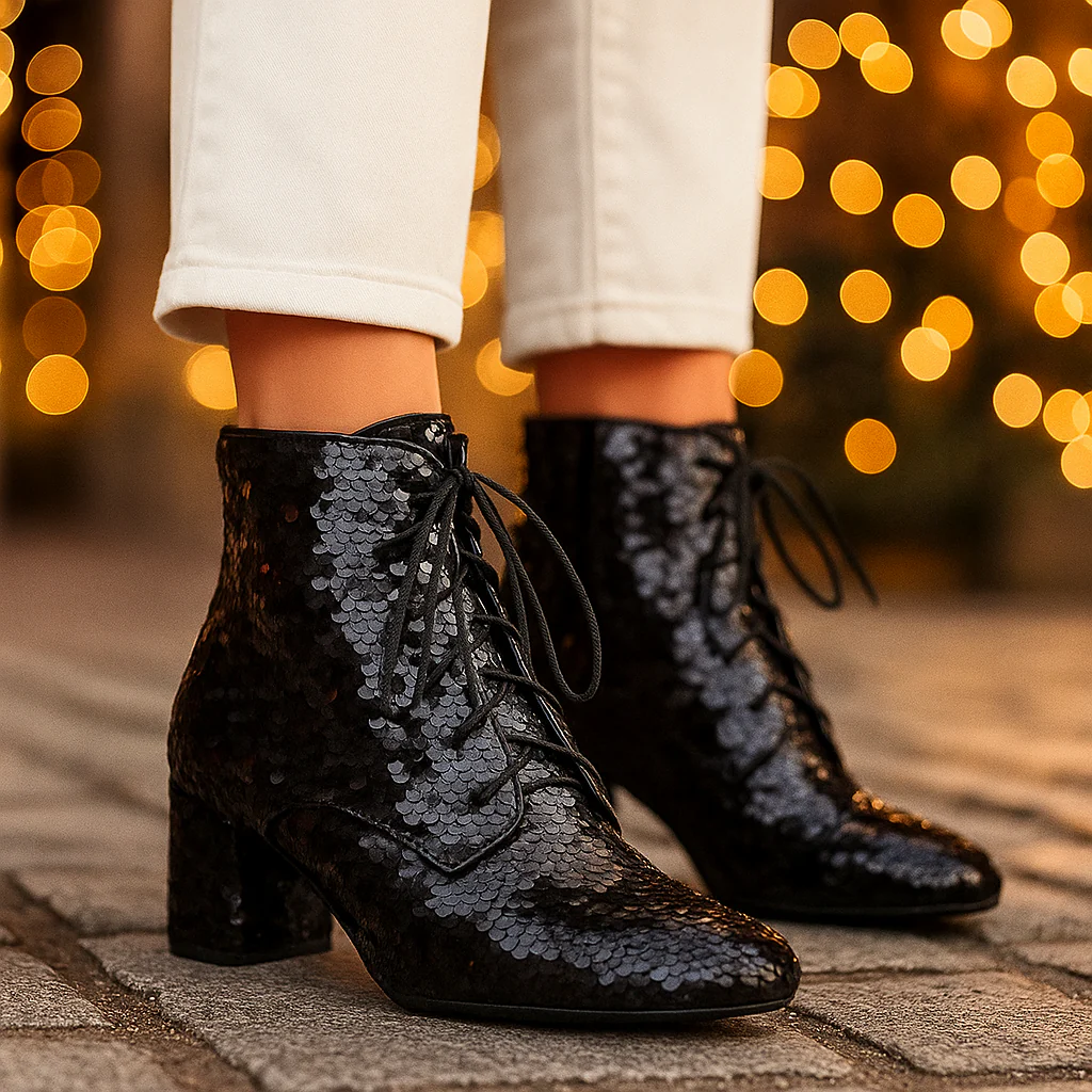 Bottines à Paillettes avec Lacets et Talon Bloc - Image 4