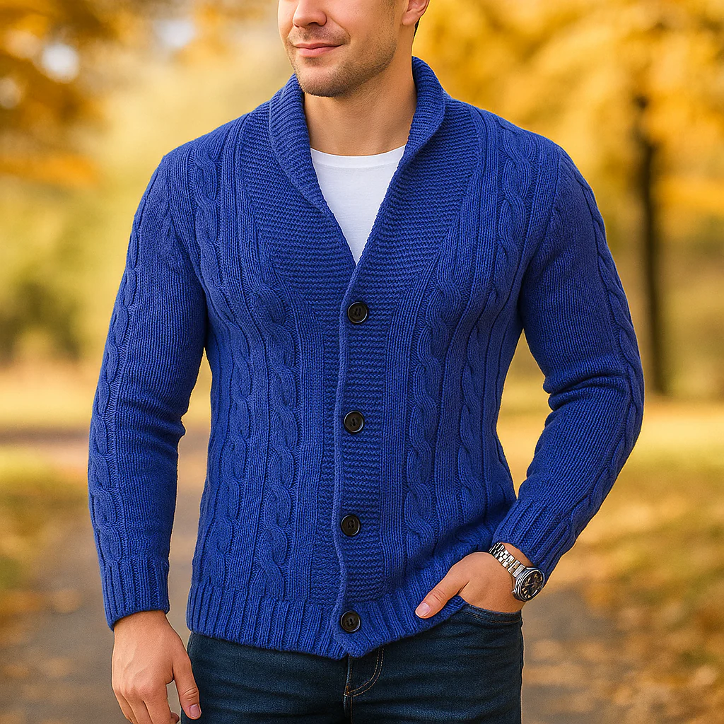 Cardigan pour Homme en Tricot à Câbles - Mélange de Laine - Col Épaules - Fermeture à Boutons - Image 2