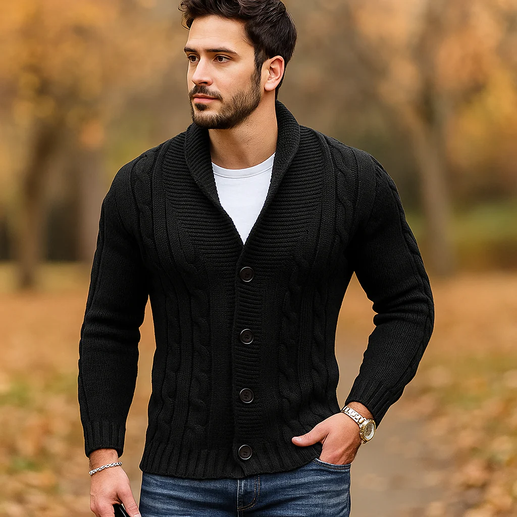 Cardigan pour Homme en Tricot à Câbles - Mélange de Laine - Col Épaules - Fermeture à Boutons - Image 3