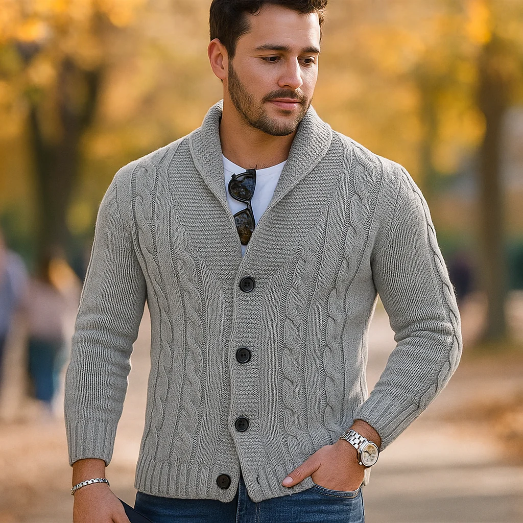 Cardigan pour Homme en Tricot à Câbles - Mélange de Laine - Col Épaules - Fermeture à Boutons - Image 4