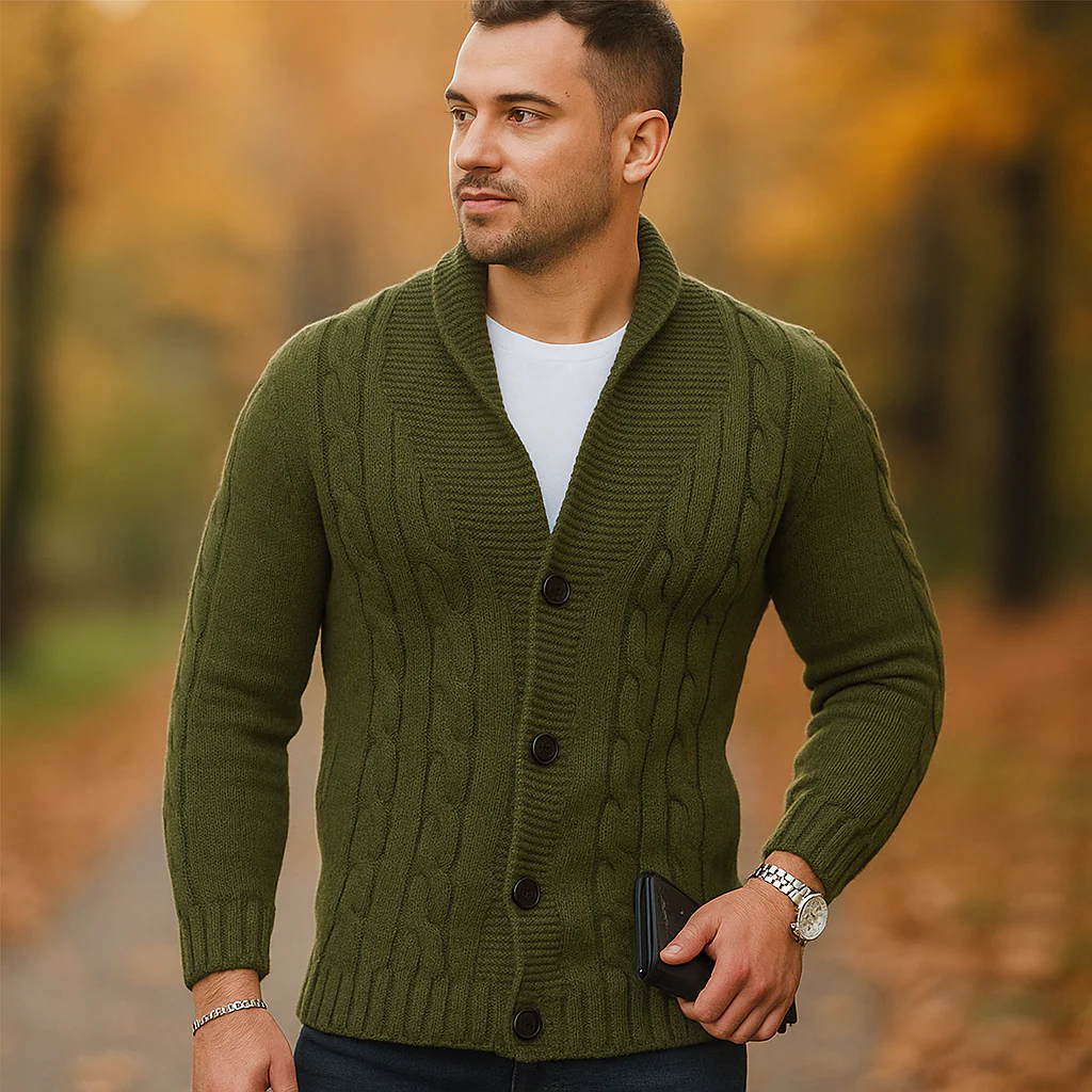 Cardigan pour Homme en Tricot à Câbles - Mélange de Laine - Col Épaules - Fermeture à Boutons - Image 5