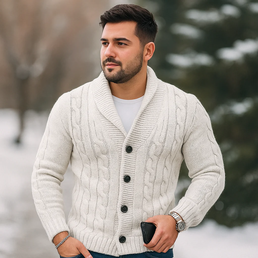 Cardigan pour Homme en Tricot à Câbles - Mélange de Laine - Col Épaules - Fermeture à Boutons - Image 6