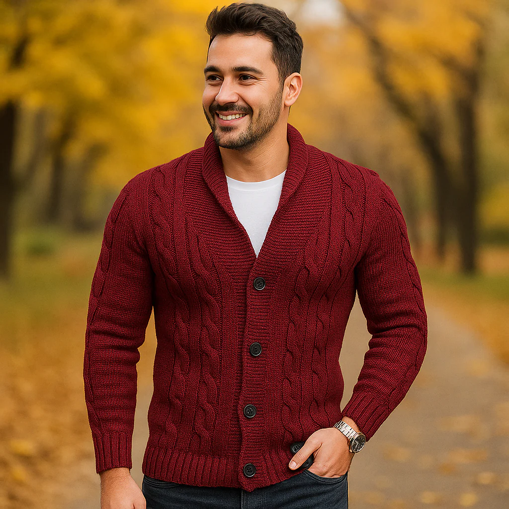 Cardigan pour Homme en Tricot à Câbles - Mélange de Laine - Col Épaules - Fermeture à Boutons - Image 7