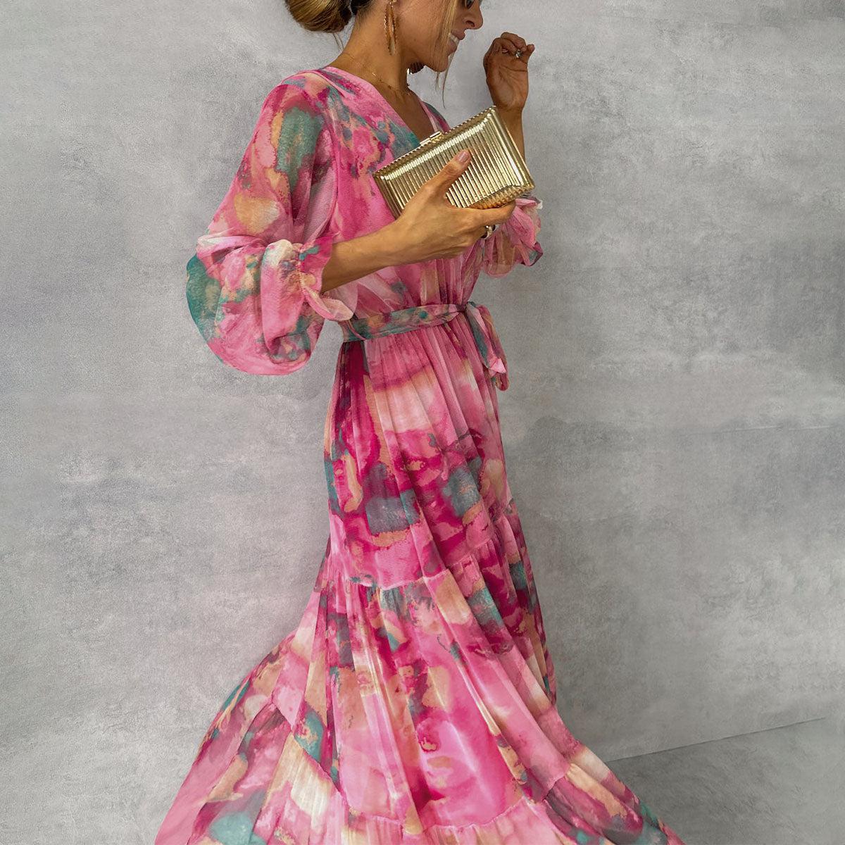 Élégante Robe de Soirée Maxi - Motif Floral - Ceinture - Femme - Image 4