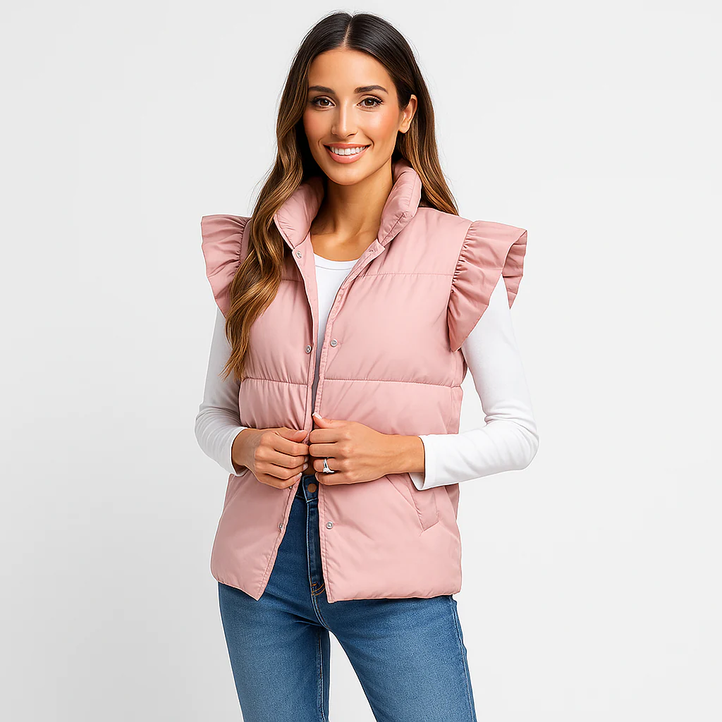 Gilet - Col Montant - Poches à Boutons Doubles - Manches Volantes