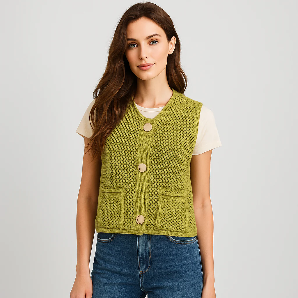 Gilet Tricoté au Crochet - Boutons en Patch - Confort Élégant - Image 3