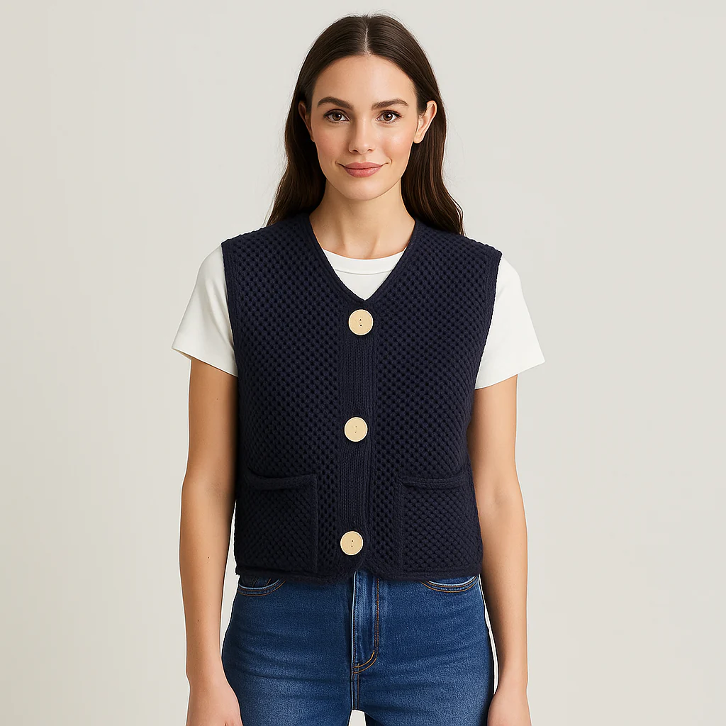 Gilet Tricoté au Crochet - Boutons en Patch - Confort Élégant - Image 4