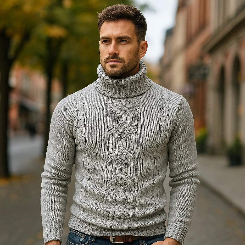 Lucian - Pull en coton à col montant - Motif tressé - Confort et style - Image 3