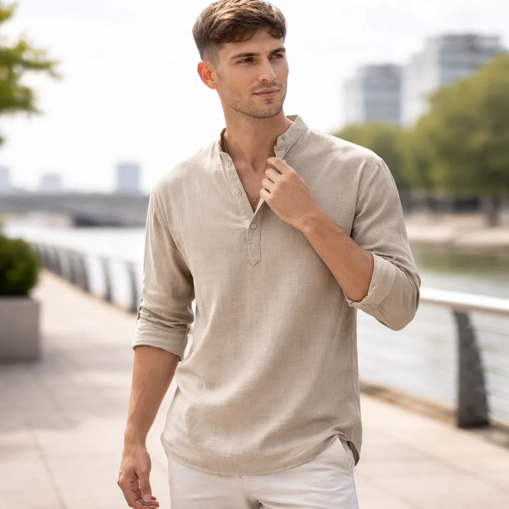 Chemise Henley Homme | Lin Léger Été Casual - Image 8