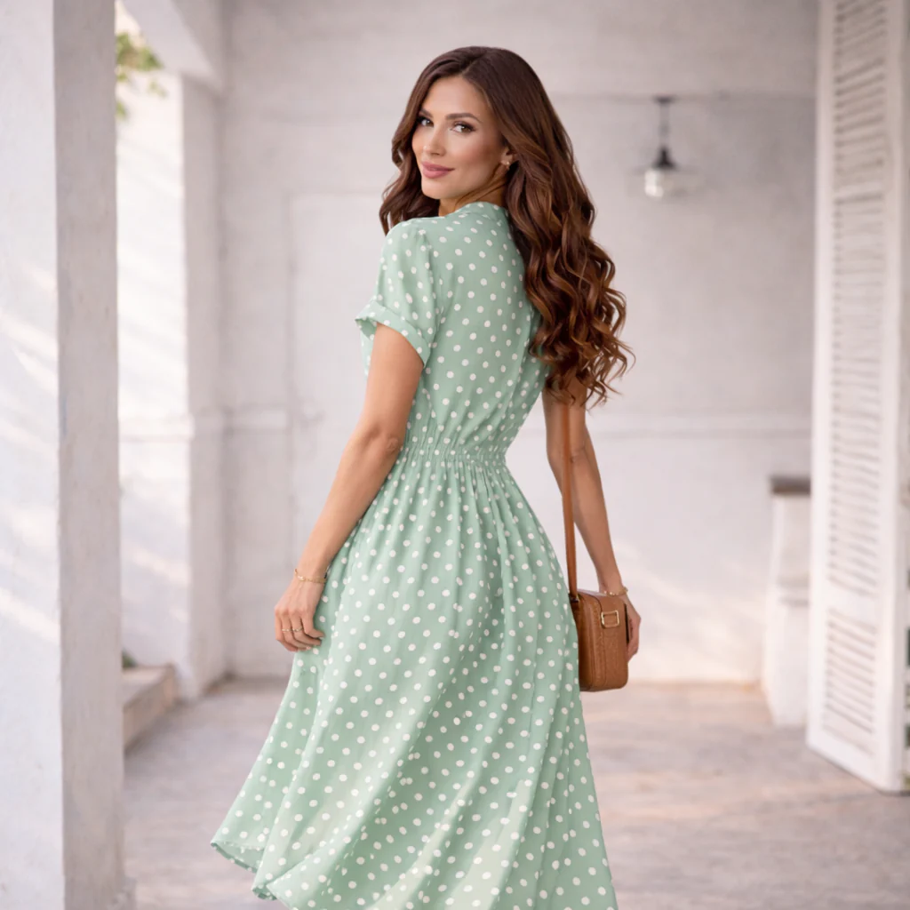 Robe à Pois | Robe Midi Casual avec Dentelle et Boutons - Image 2