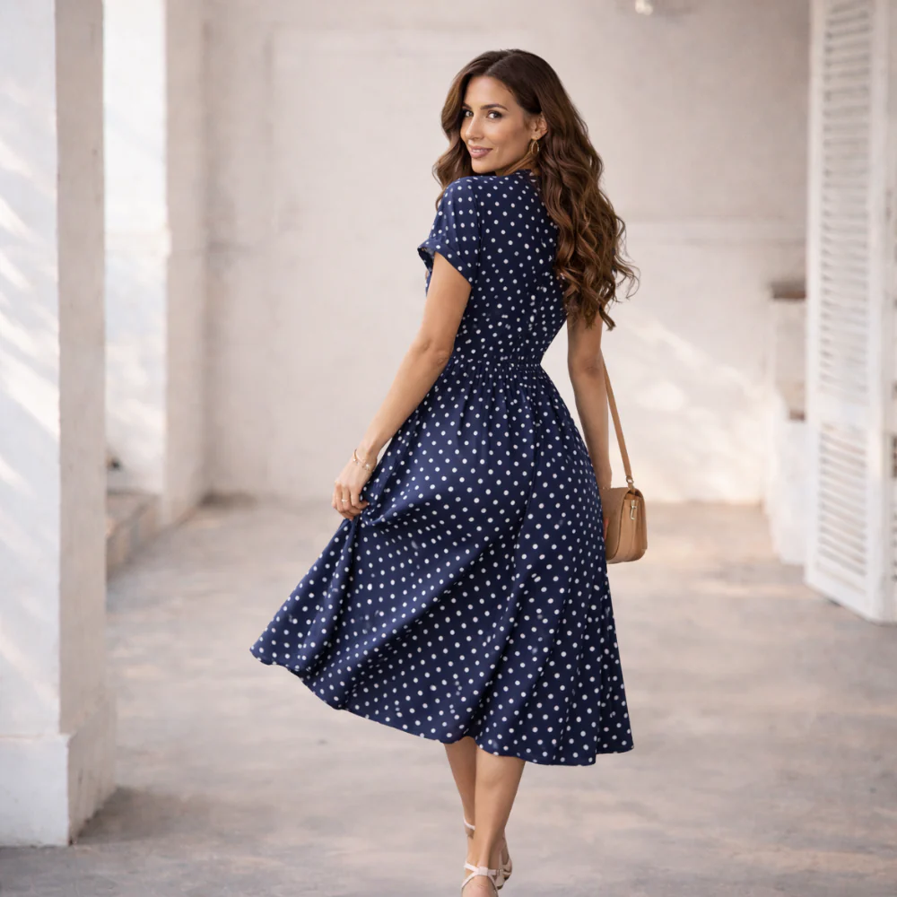 Robe à Pois | Robe Midi Casual avec Dentelle et Boutons - Image 5