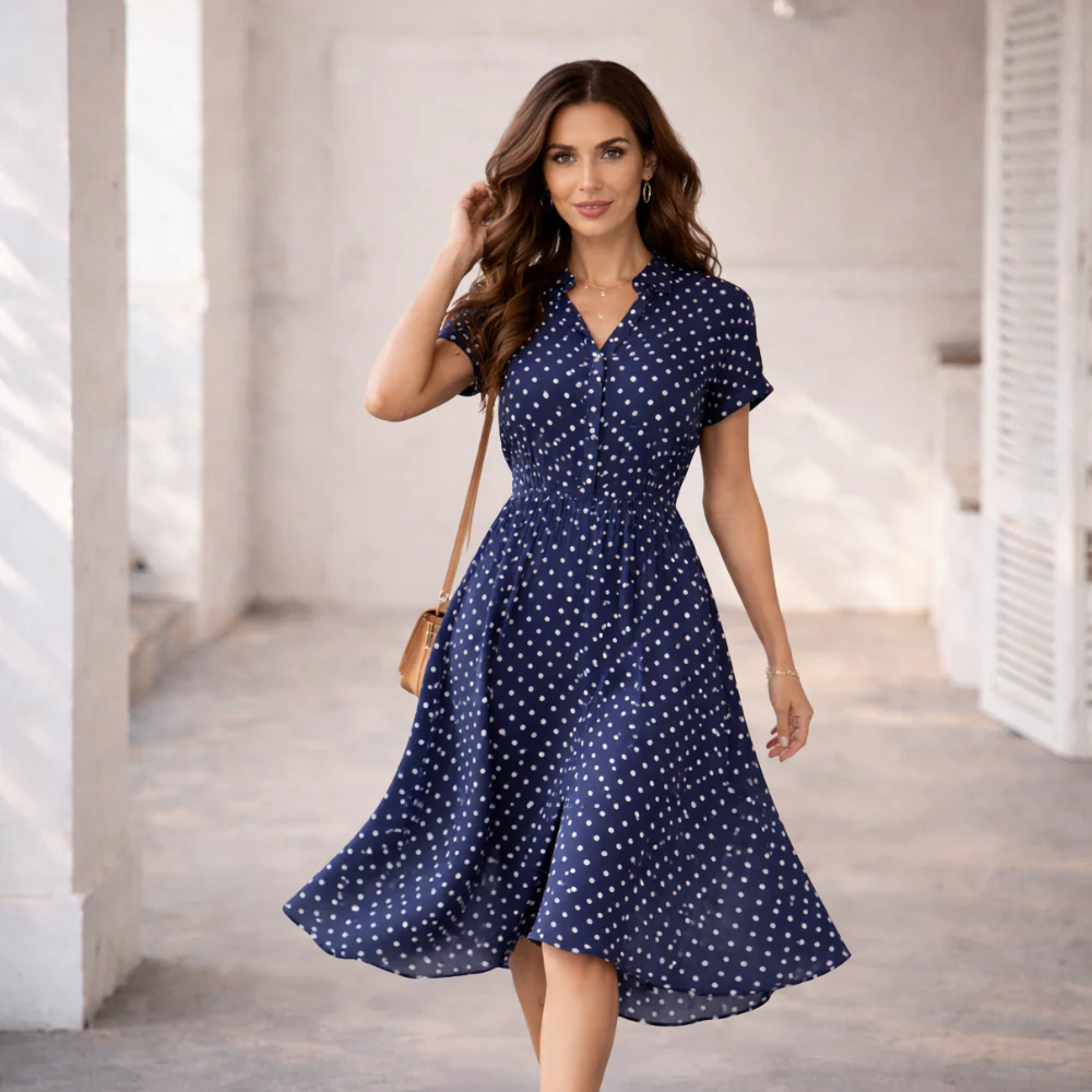 Robe à Pois | Robe Midi Casual avec Dentelle et Boutons - Image 6
