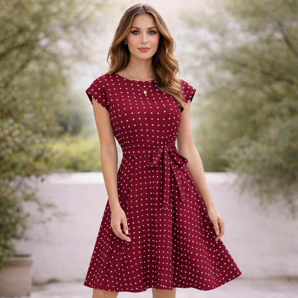 Robe à Pois | Ceinture Nœud Flatteuse | Robe Femme - Image 2