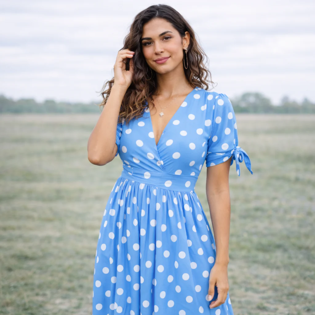 Robe à Pois | Femme, Encolure en V | Style Boutons - Image 4