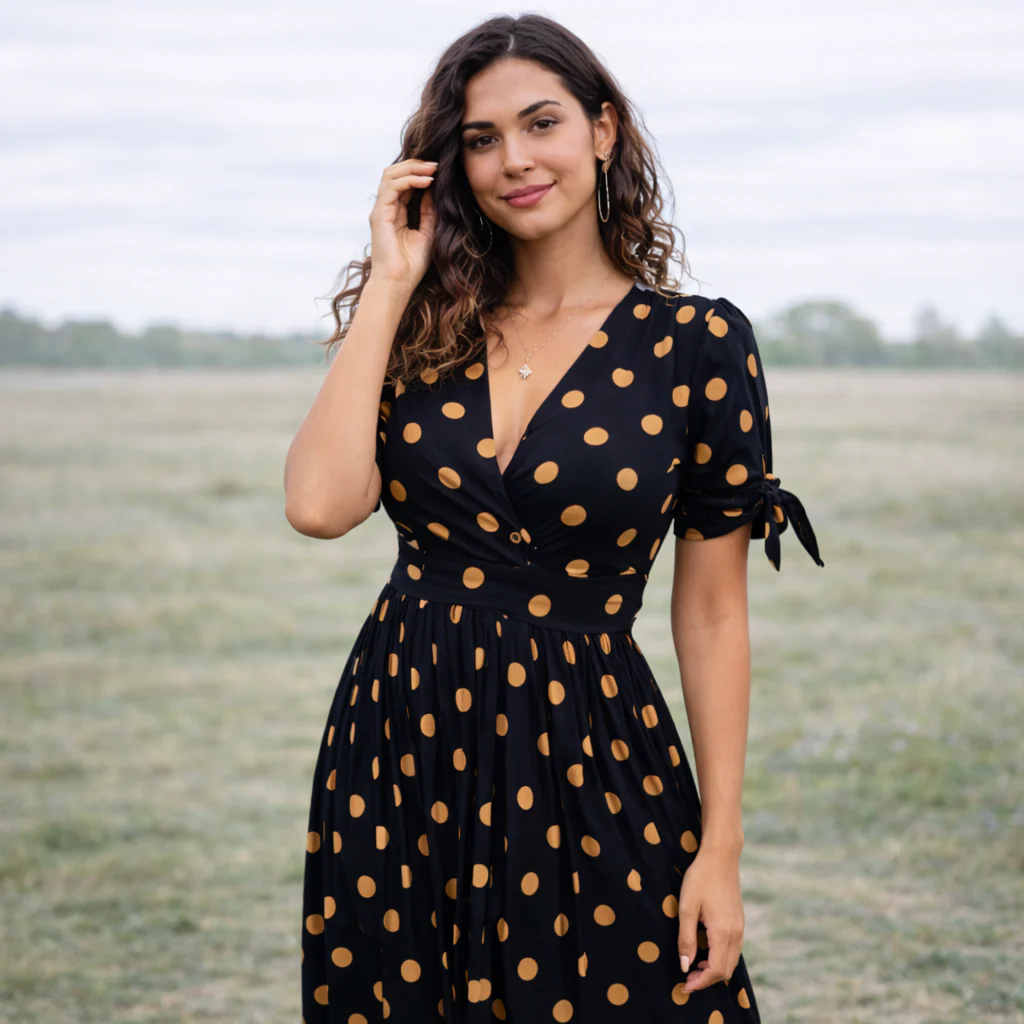 Robe à Pois | Femme, Encolure en V | Style Boutons - Image 5