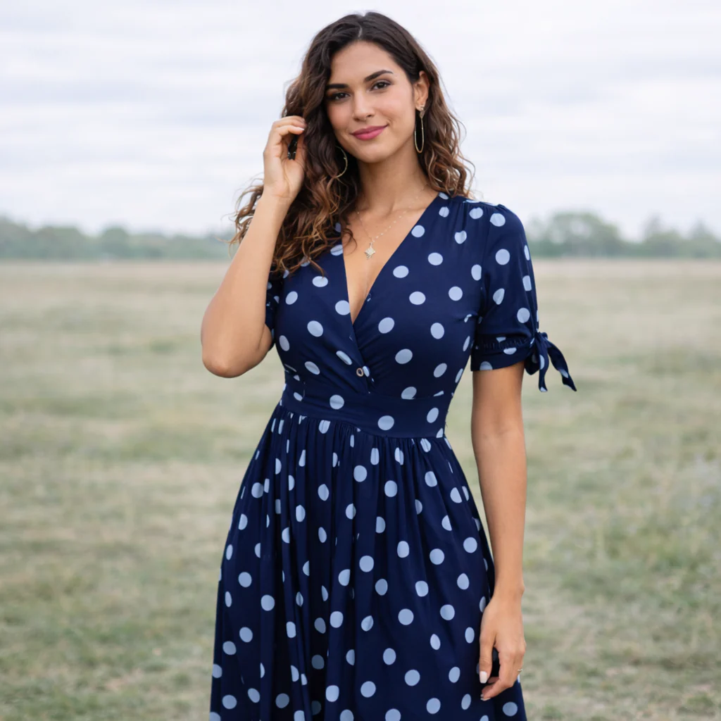 Robe à Pois | Femme, Encolure en V | Style Boutons - Image 6