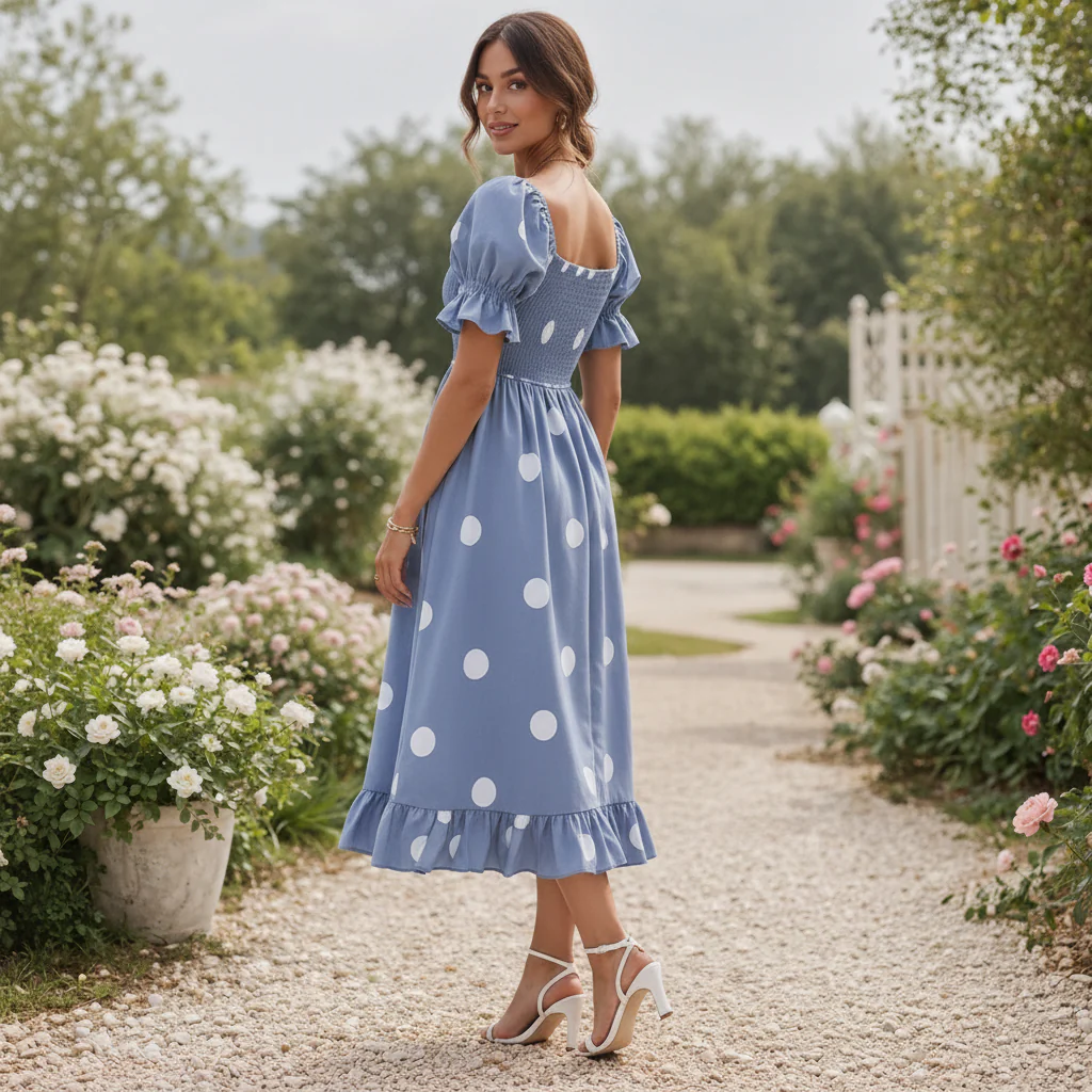 Robe Midi à Pois | Manches Bouffantes Femme | Style Élégant et Fluide - Image 4