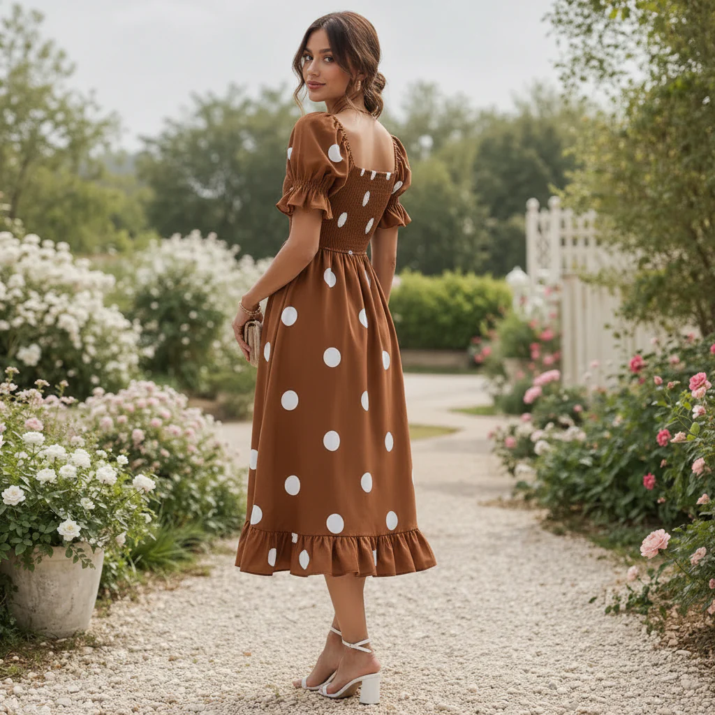 Robe Midi à Pois | Manches Bouffantes Femme | Style Élégant et Fluide - Image 6