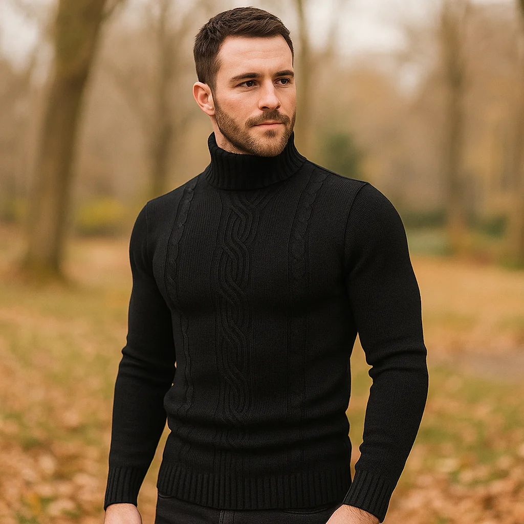 Pull à col roulé pour homme - Tricot en câble chaud - Manches et bord côtelés - Image 3