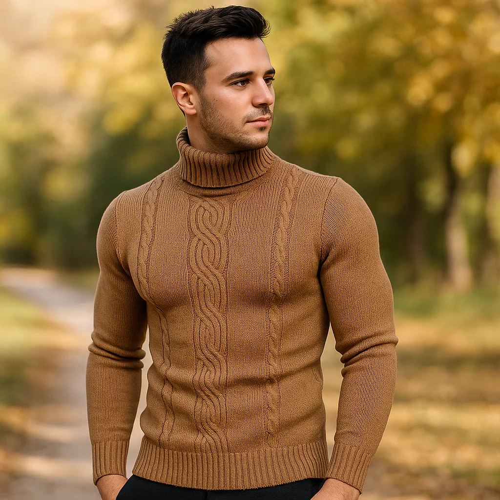 Pull à col roulé pour homme - Tricot en câble chaud - Manches et bord côtelés - Image 4