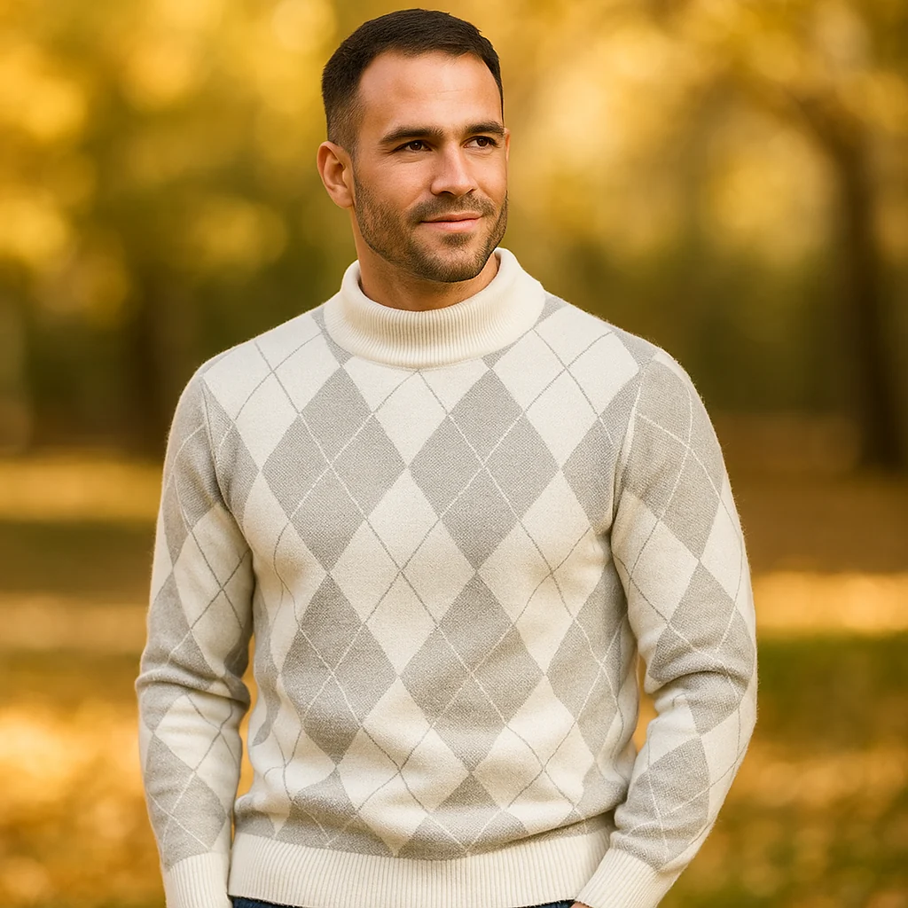 Pull Argyle pour Homme - Col Rond - Tricoté - Manches Longues - Motif Classique - Image 4