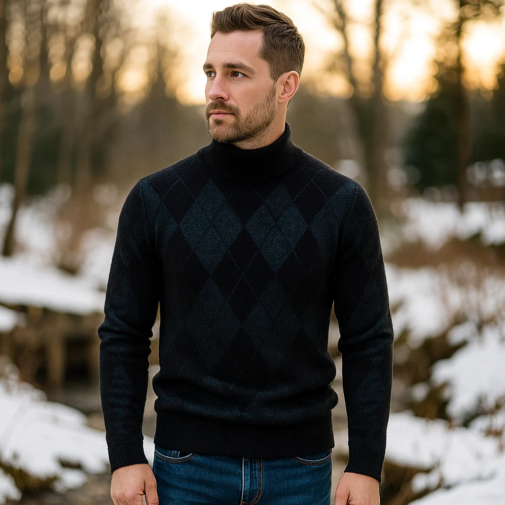 Pull Argyle pour Homme - Col Rond - Tricoté - Manches Longues - Motif Classique - Image 5