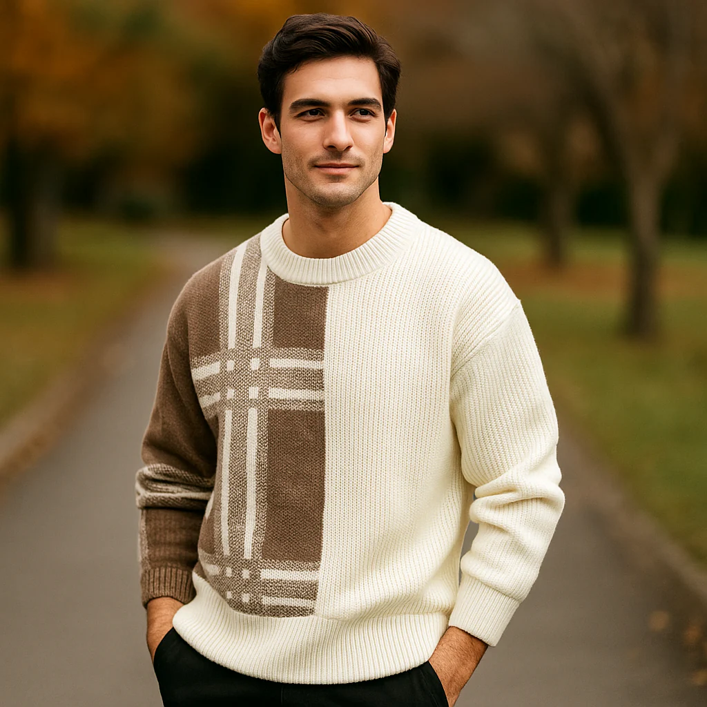 Pull Crew Neck pour Homme – Coupe Relaxée – Mélange de Laine – Patchwork en Côtes