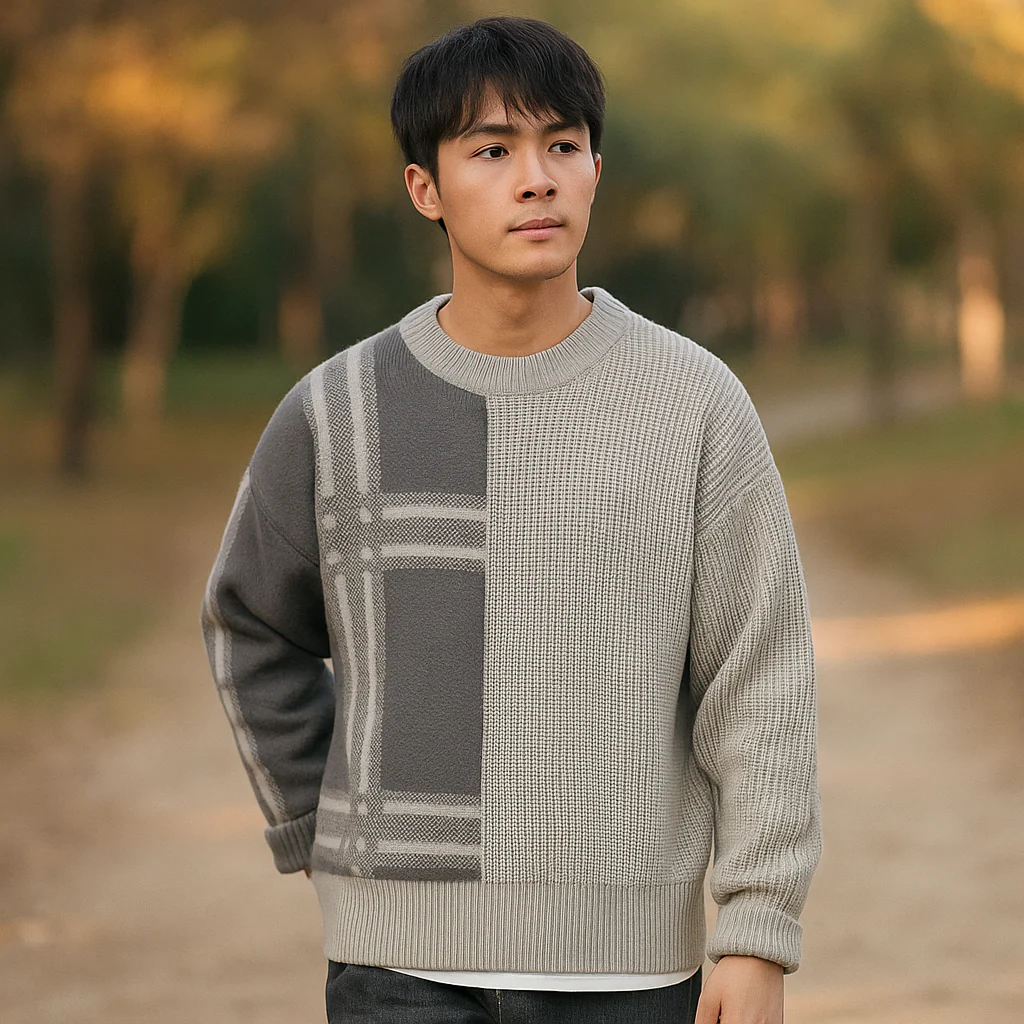 Pull Crew Neck pour Homme – Coupe Relaxée – Mélange de Laine – Patchwork en Côtes - Image 2