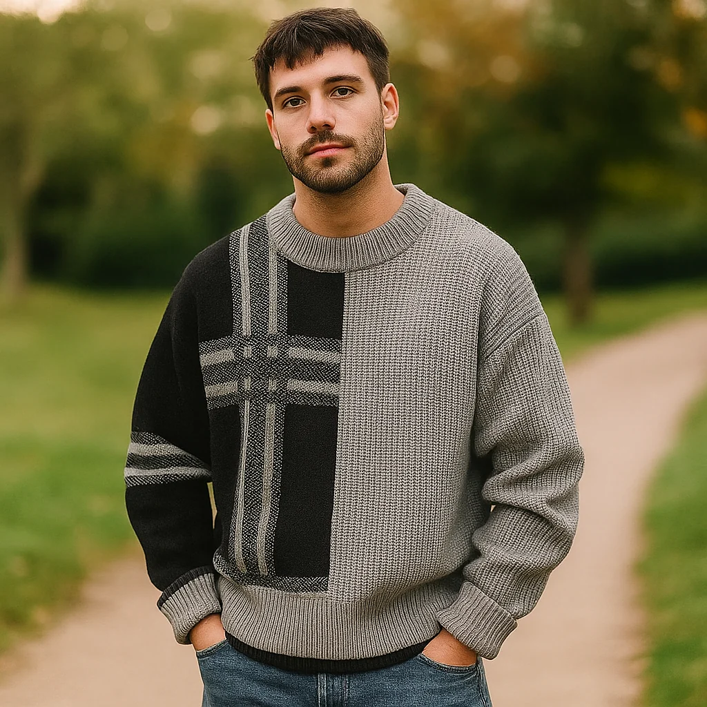 Pull Crew Neck pour Homme – Coupe Relaxée – Mélange de Laine – Patchwork en Côtes - Image 3