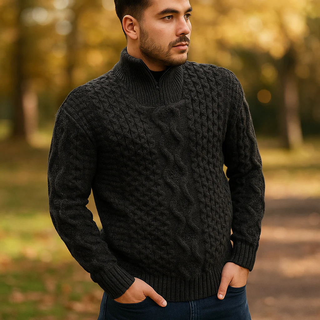 Pull en Câble pour Homme – Col Haut avec Fermeture Éclair – Manches Côtelées - Image 2