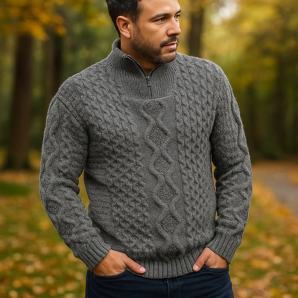 Pull en Câble pour Homme – Col Haut avec Fermeture Éclair – Manches Côtelées - Image 3