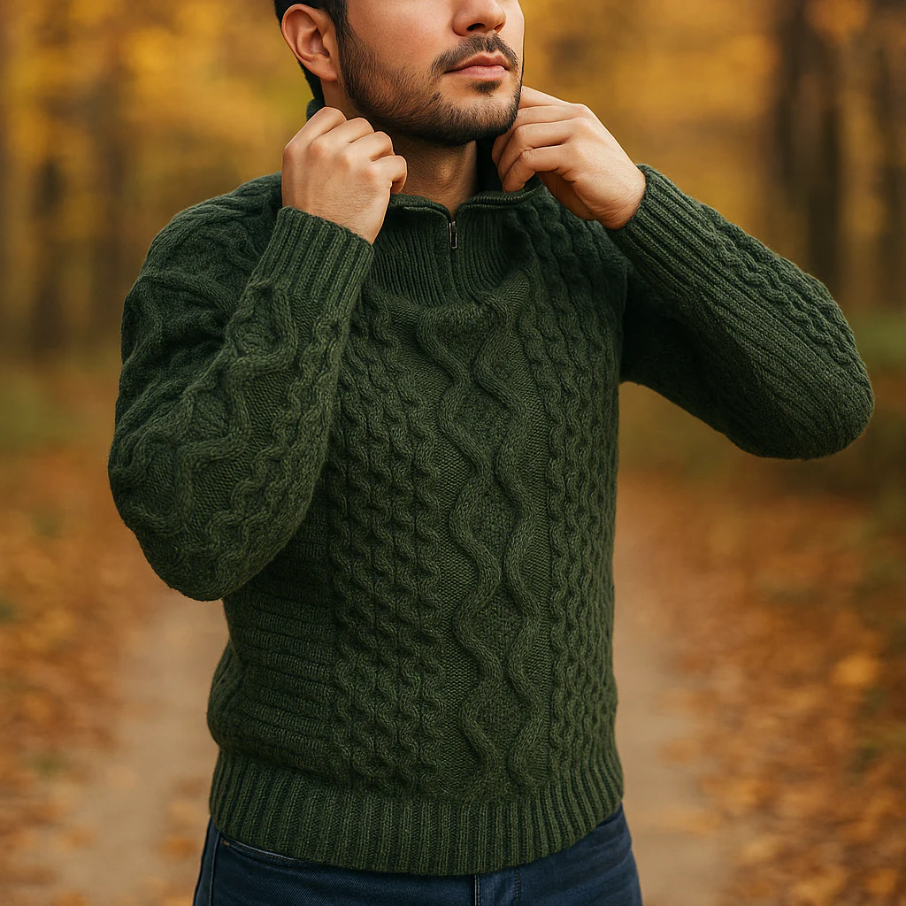 Pull en Câble pour Homme – Col Haut avec Fermeture Éclair – Manches Côtelées - Image 4