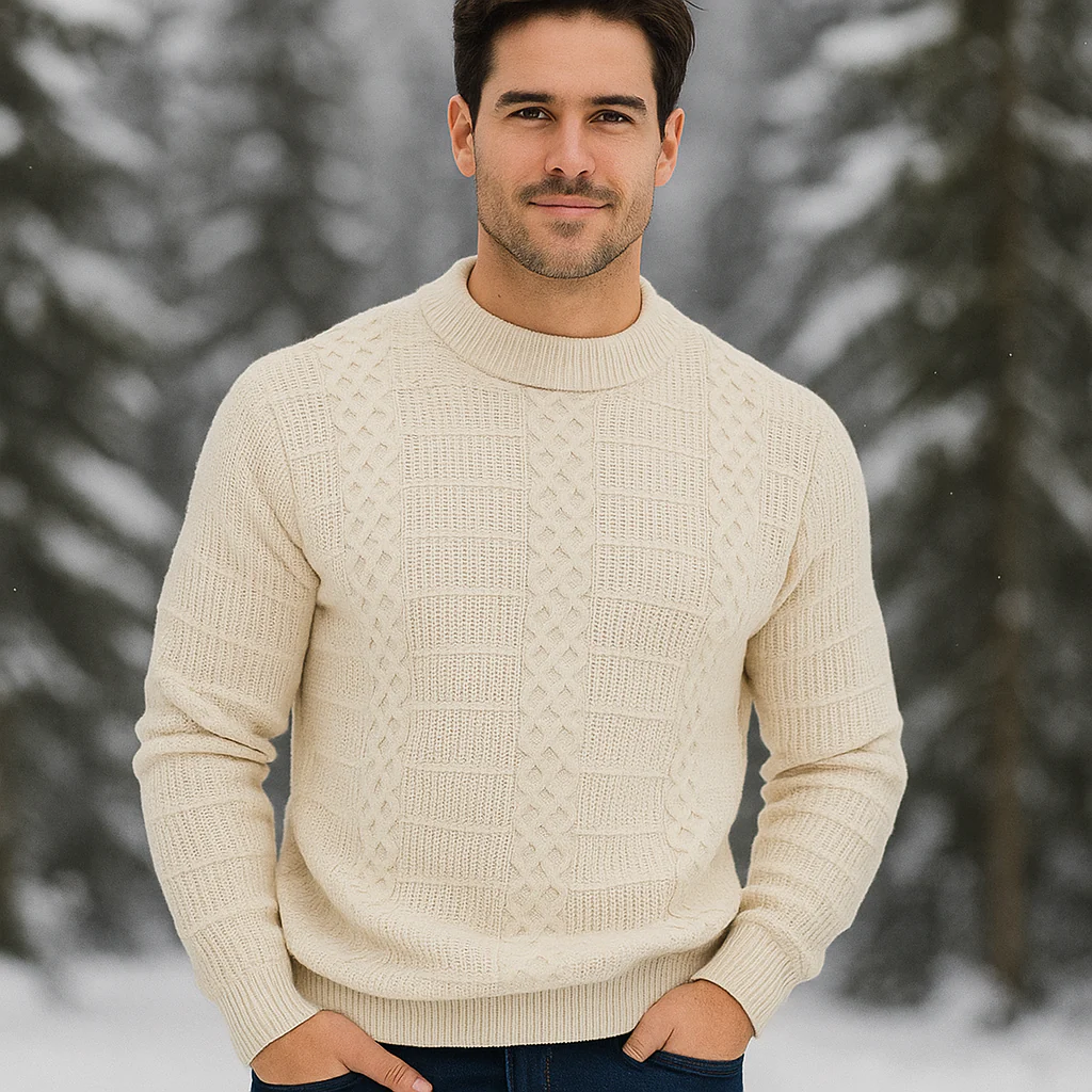 Pull en câble pour homme - Mélange de laine chaude - Coupe régulière - Col rond - Image 2