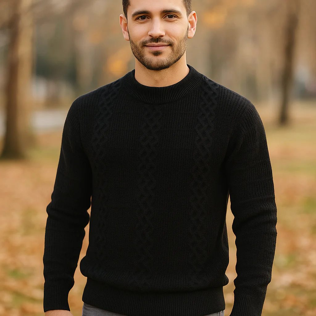 Pull en câble pour homme - Mélange de laine chaude - Coupe régulière - Col rond - Image 3
