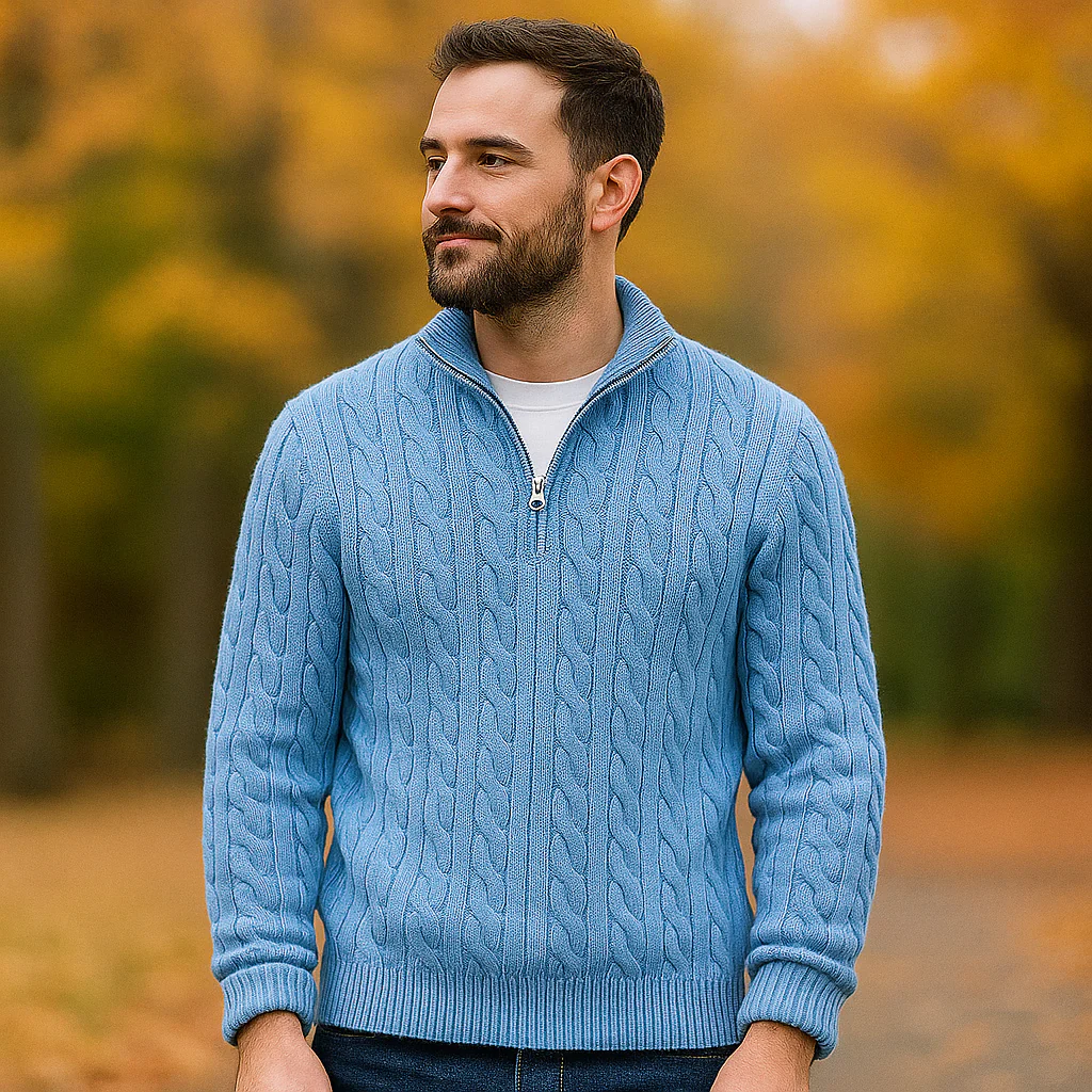 Pull en Câble pour Homme - Zip Quart - Col et Manches Côtelés - Chaud & Élégant - Image 5