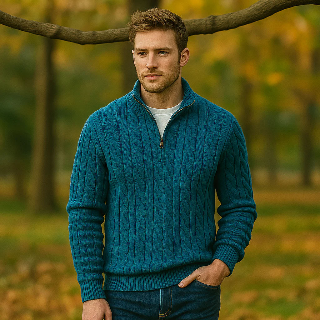 Pull en Câble pour Homme - Zip Quart - Col et Manches Côtelés - Chaud & Élégant - Image 6