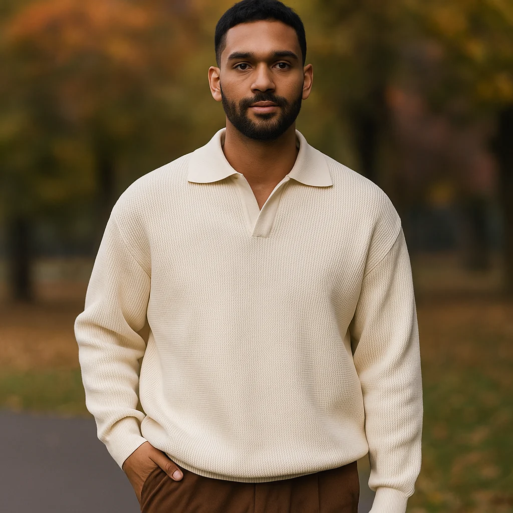 Pull en tricot pour homme - Coupe décontractée - Mélange de coton côtelé - Manches longues - Image 3