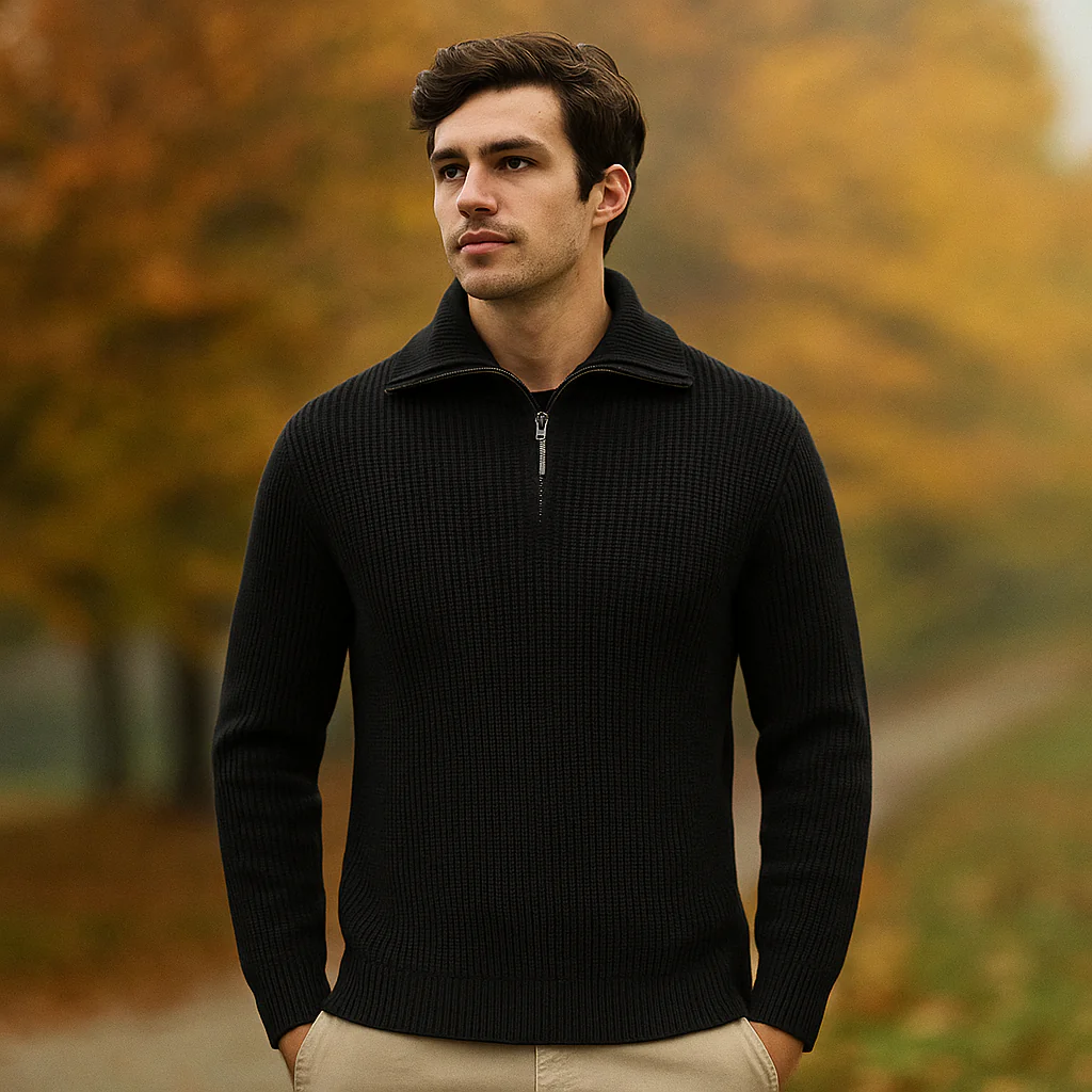 Pull Homme à Col Zippé - Tricot Structuré - Col Montant - Manches Côtelées - Image 3