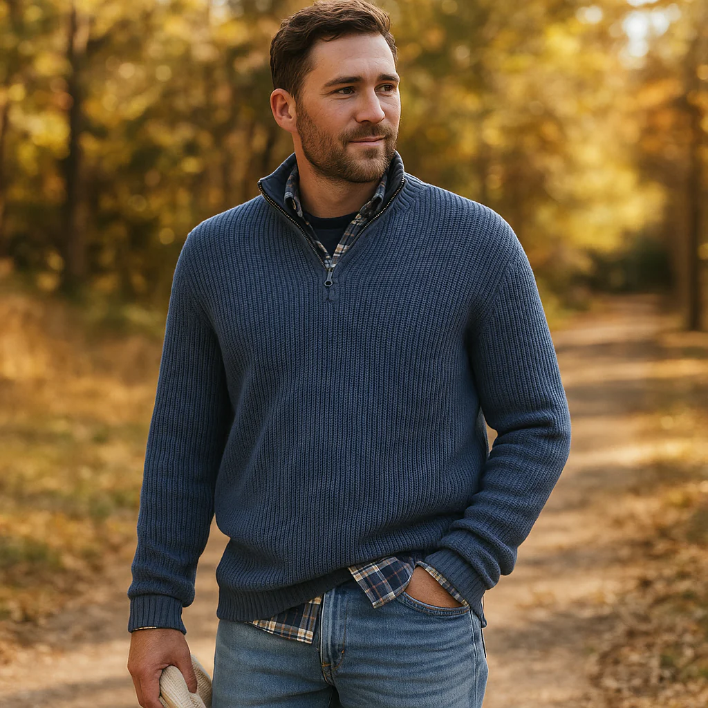 Pull homme à demi-zip - Texture côtelée - Col montant - Coupe décontractée - Image 3