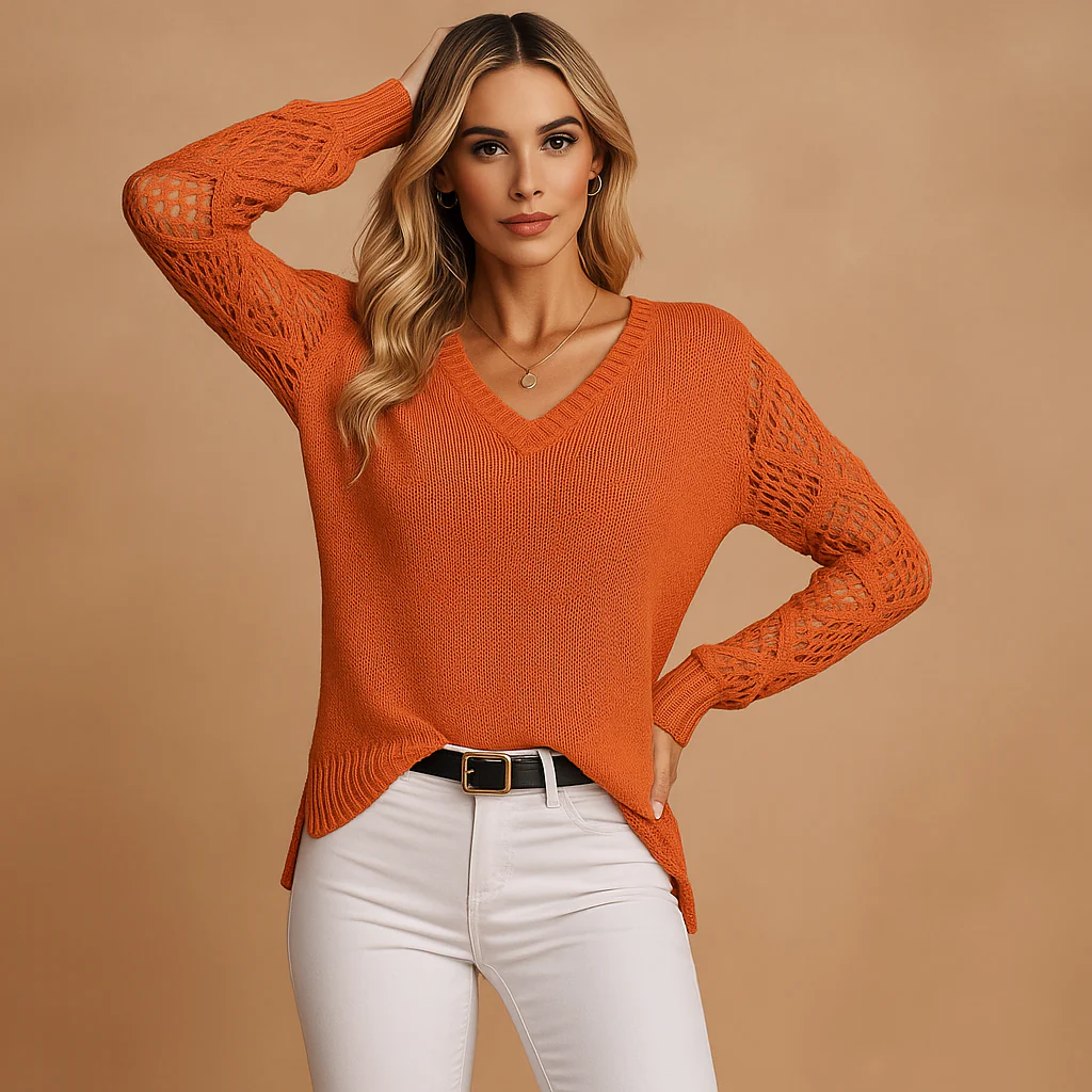 Pull Tricoté Femme - Col V - Manches Longues - Tricot Ouvert - Image 5