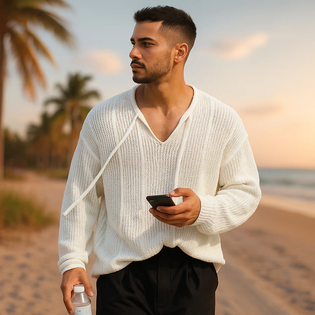 Pull Tricoté Homme – Coupe Lâche – Col V avec Cordon – Tissage Aéré - Image 3