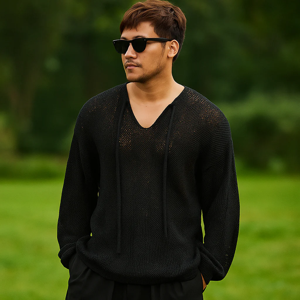 Pull Tricoté Homme – Coupe Lâche – Col V avec Cordon – Tissage Aéré - Image 4