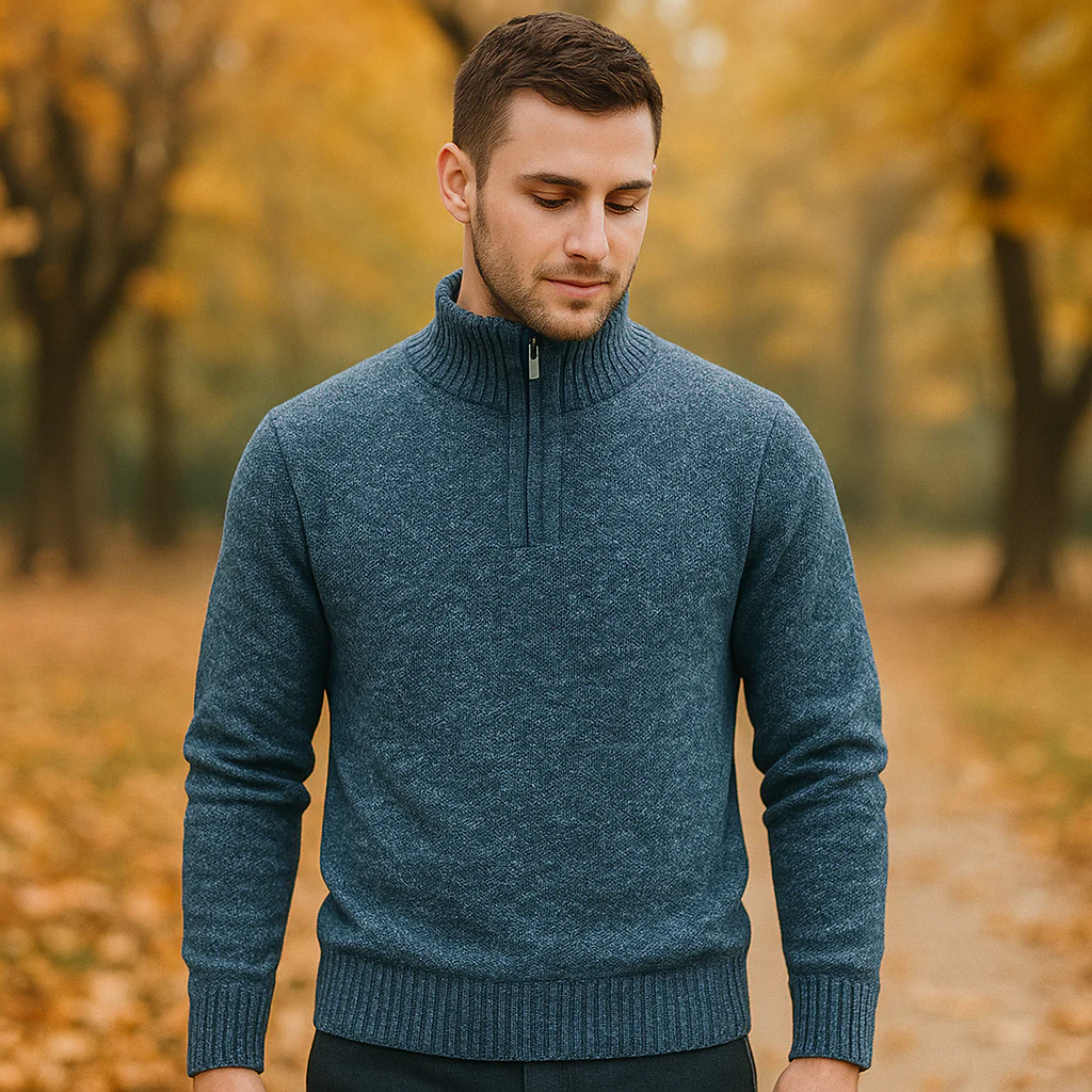 Pull Tricoté Homme - Mélange de Laine - Quart de Zip - Col Ribané - Coupe Classique - Image 3