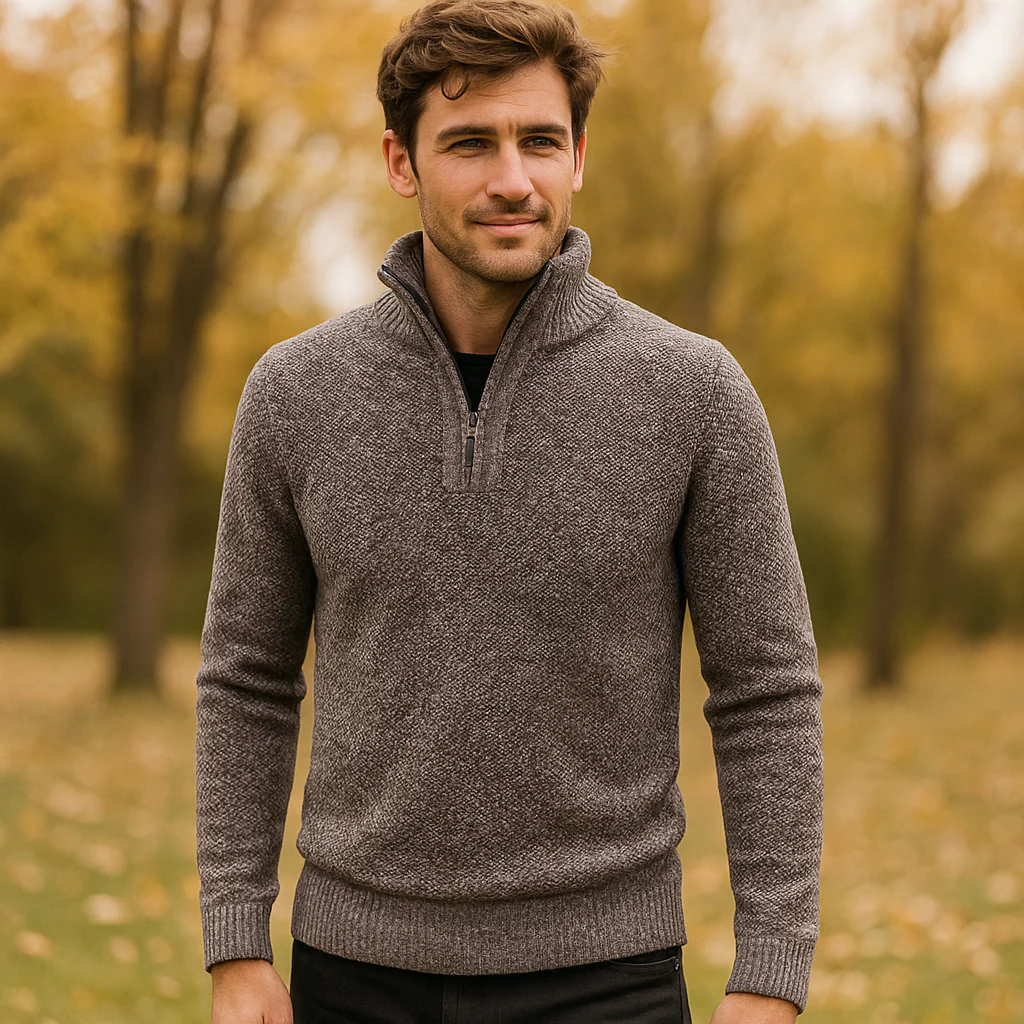 Pull Tricoté Homme - Mélange de Laine - Quart de Zip - Col Ribané - Coupe Classique - Image 4