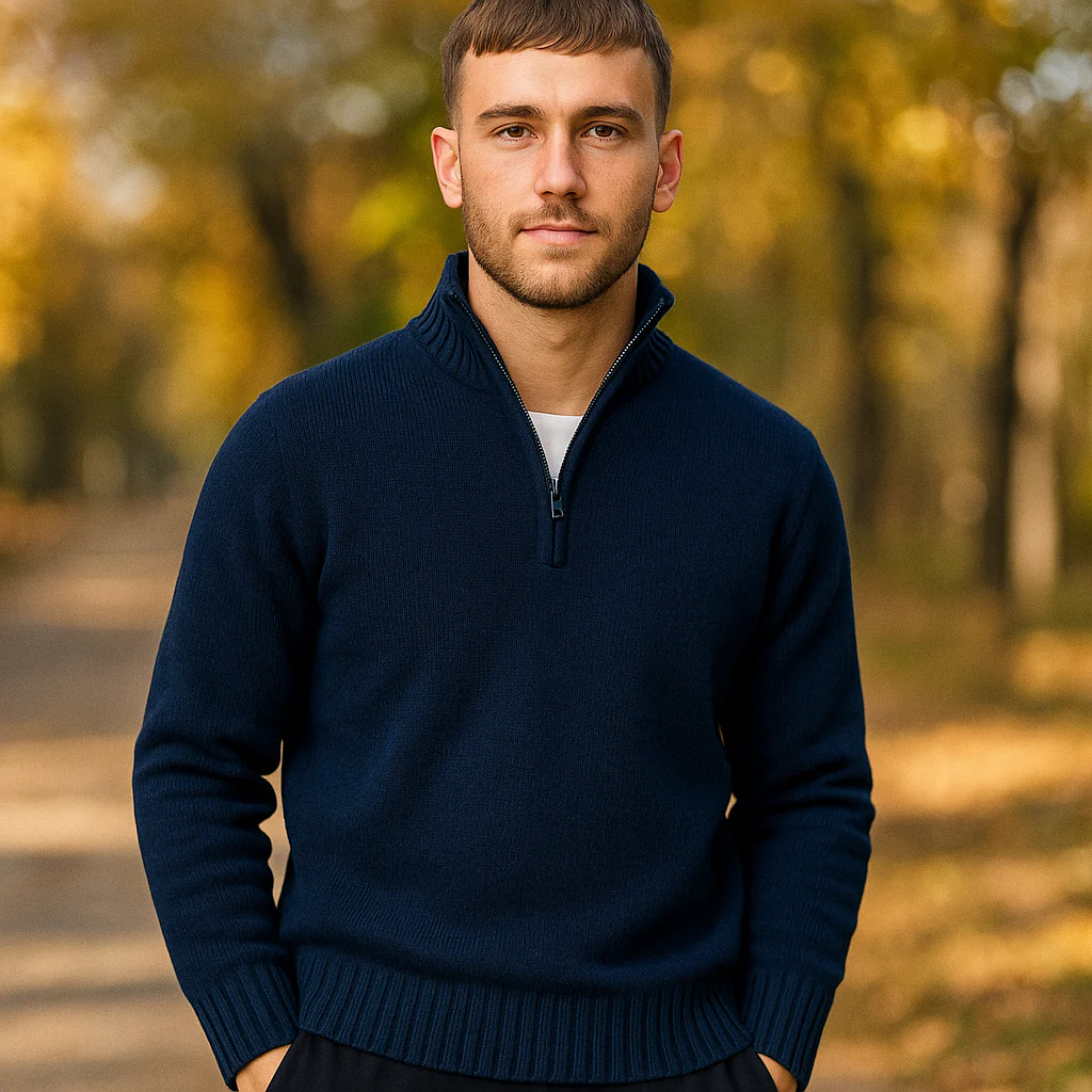 Pull Zippé Quart de Manche pour Homme - Tricot Doux - Col Montant - Poignets Côtelés - Image 7