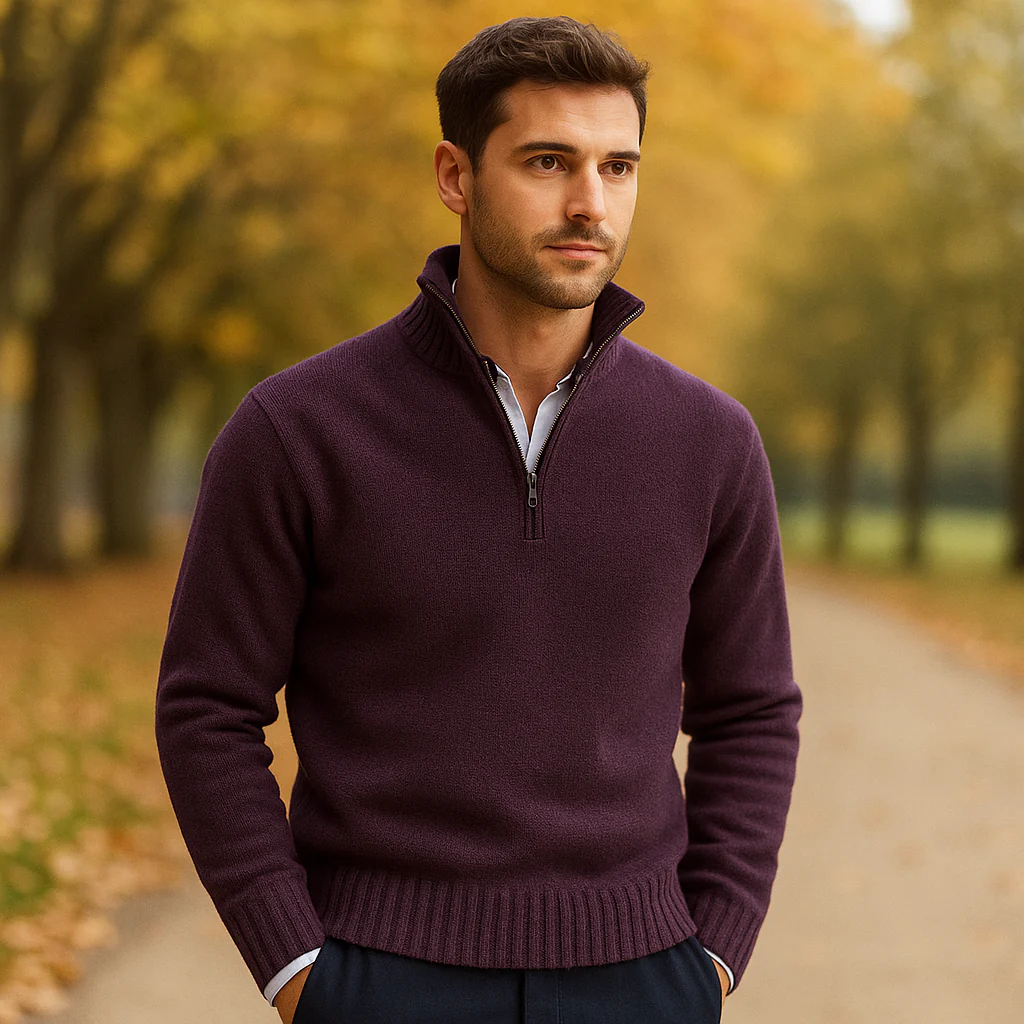 Pull Zippé Quart de Manche pour Homme - Tricot Doux - Col Montant - Poignets Côtelés - Image 8