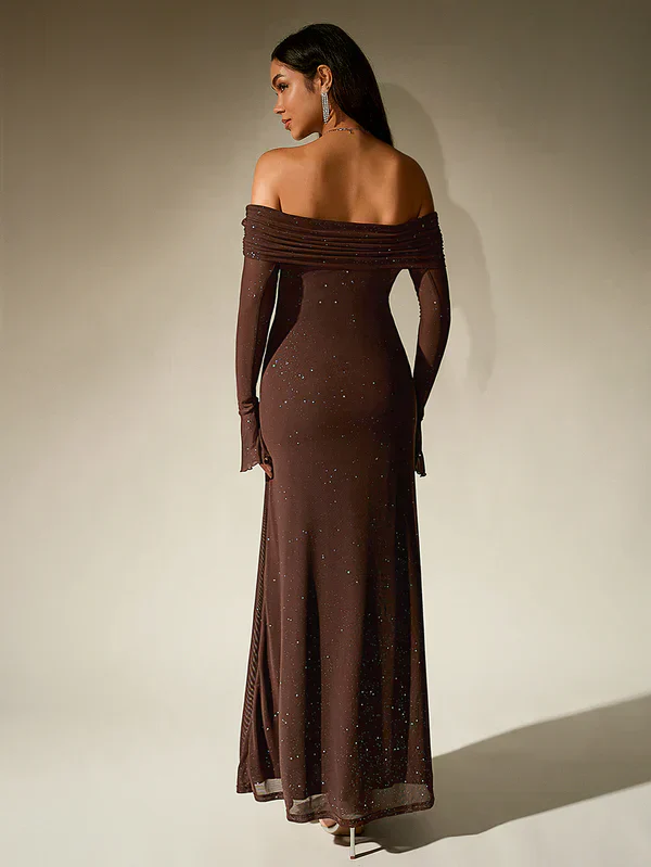Robe de soirée Alina - Brune paillettes - Sans bretelles - Manches transparentes - Image 2