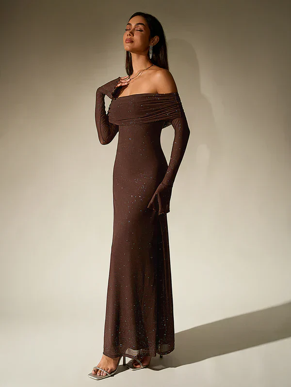 Robe de soirée Alina - Brune paillettes - Sans bretelles - Manches transparentes - Image 3